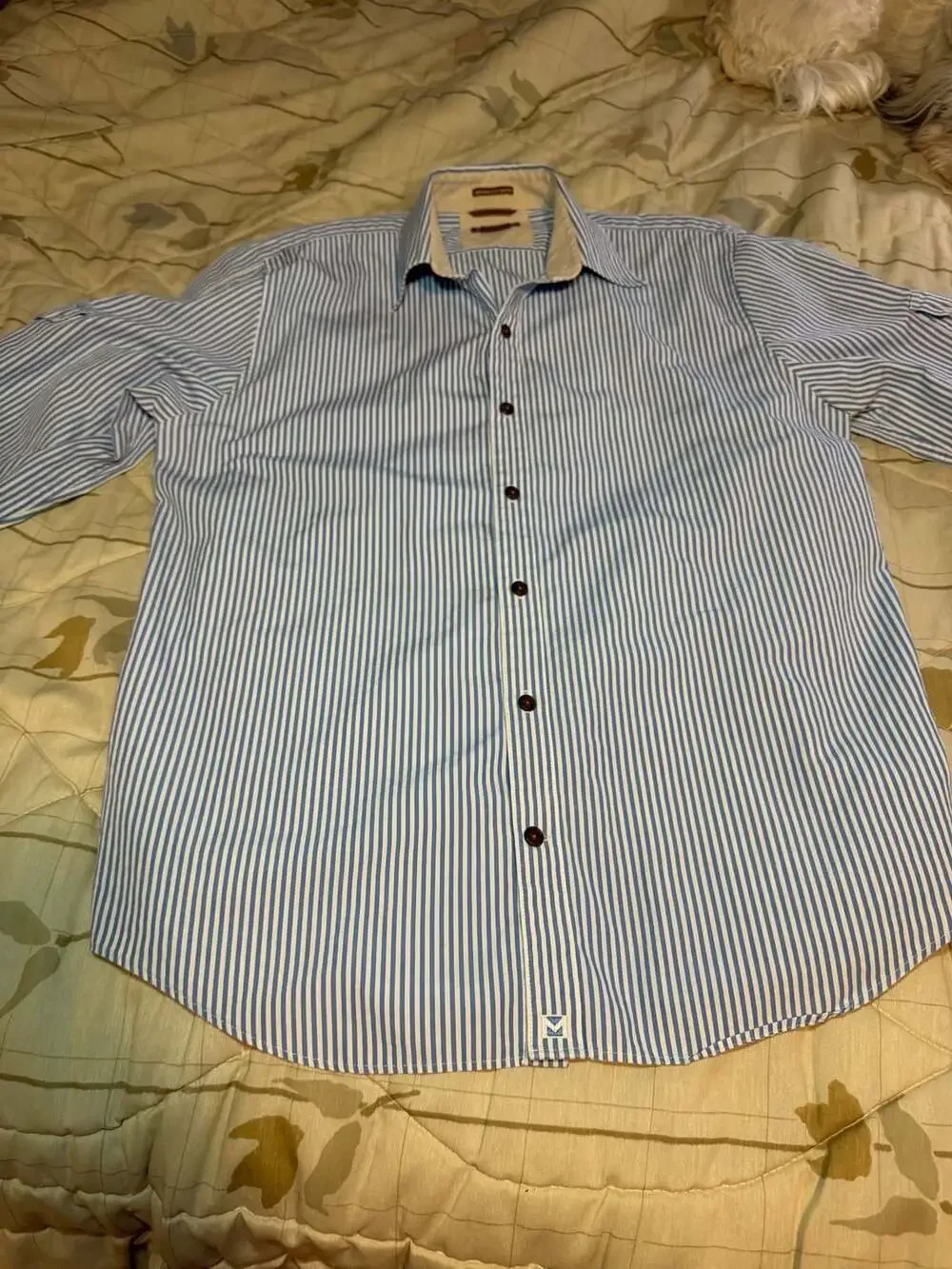 Michael Kors Women's Blue and White Striped Long Sleeve Roll-Tab Button-Down Shi